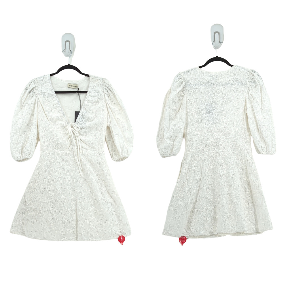 Nicholas Women 6 Danni Dress Feathering Ton White Eyelet Mini Puff Cotton NEW